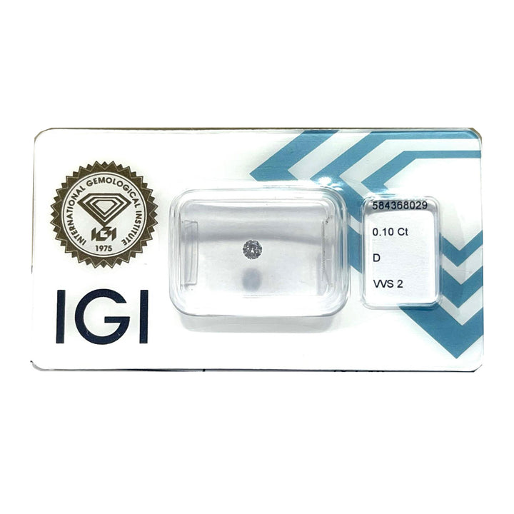 IGI gyémánt buborékfóliában tanúsított briliáns csiszolású 0,10 karátos szín D tisztaság VVS2