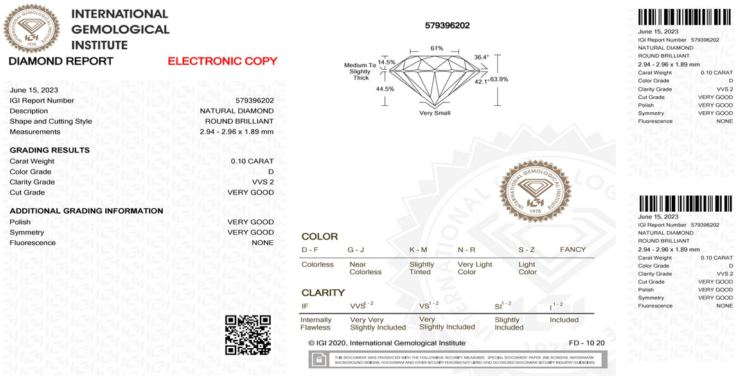 IGI gyémánt buborékfóliában tanúsított briliáns csiszolású 0,10 karátos szín D tisztaság VVS2