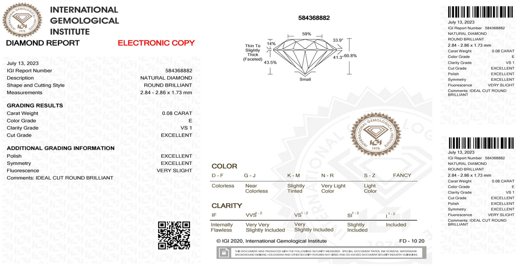 IGI-timantti läpipainopakkauksessa sertifioitu briljanttihiottu 0,08ct väri E kirkkaus VS 1 - Capodagli 1937