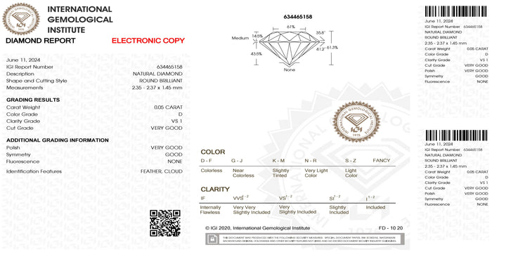 IGI diamant v blistrovém certifikovaném briliantovém brusu 0,05ct barva D čirost VS1