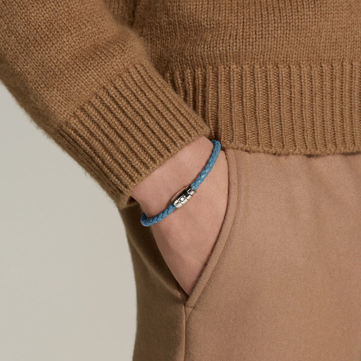 Bracelet Montblanc 3 anneaux en acier et cuir Meisterstück Blue Fumè taille M 13429363