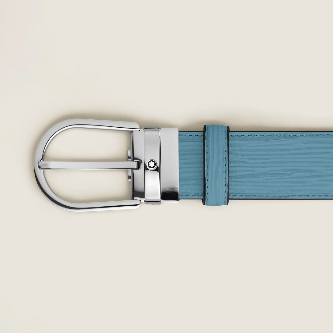 Opasek Montblanc 35 mm kouřová modrá kůže s podkovovou přezkou 199645