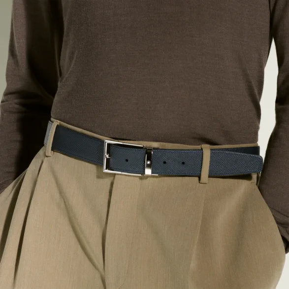 Cinto Montblanc 35mm fivela trapezoidal couro Sartorial reversível preto azul comprimento ajustável 118438