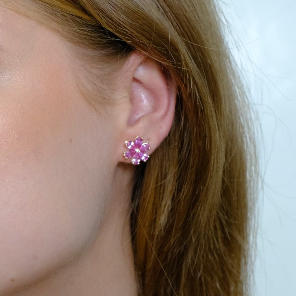 Zydo flower-shaped earrings with colored gemstones and diamonds rose gold pink sapphire 62225