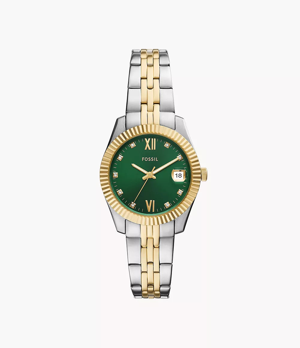 Montre Fossil Scarlette 33mm acier quartz vert finition PVD or jaune ES5388