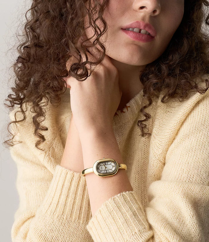 Fossil klocka Sloan 25 mm pärlemor kvartsstål PVD gulguld finish ES5444