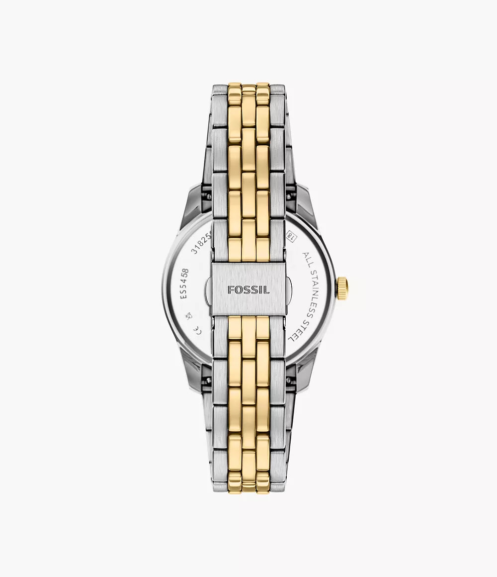 Zegarek Fossil Scarlette 34 mm z czarnej stali kwarcowej PVD z żółtym złotem i wykończeniem ES5458