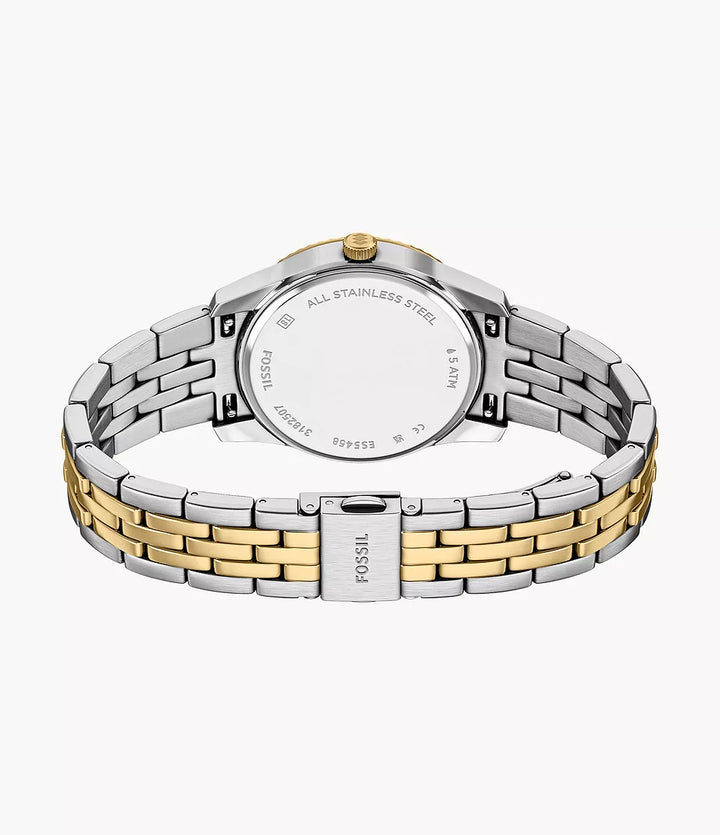 Zegarek Fossil Scarlette 34 mm z czarnej stali kwarcowej PVD z żółtym złotem i wykończeniem ES5458