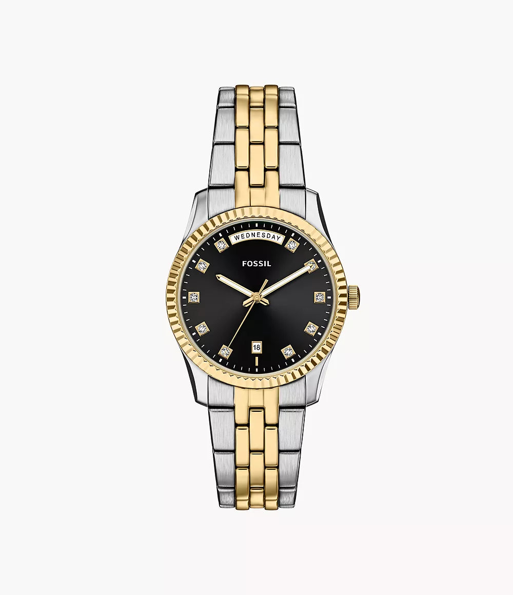 Zegarek Fossil Scarlette 34 mm z czarnej stali kwarcowej PVD z żółtym złotem i wykończeniem ES5458