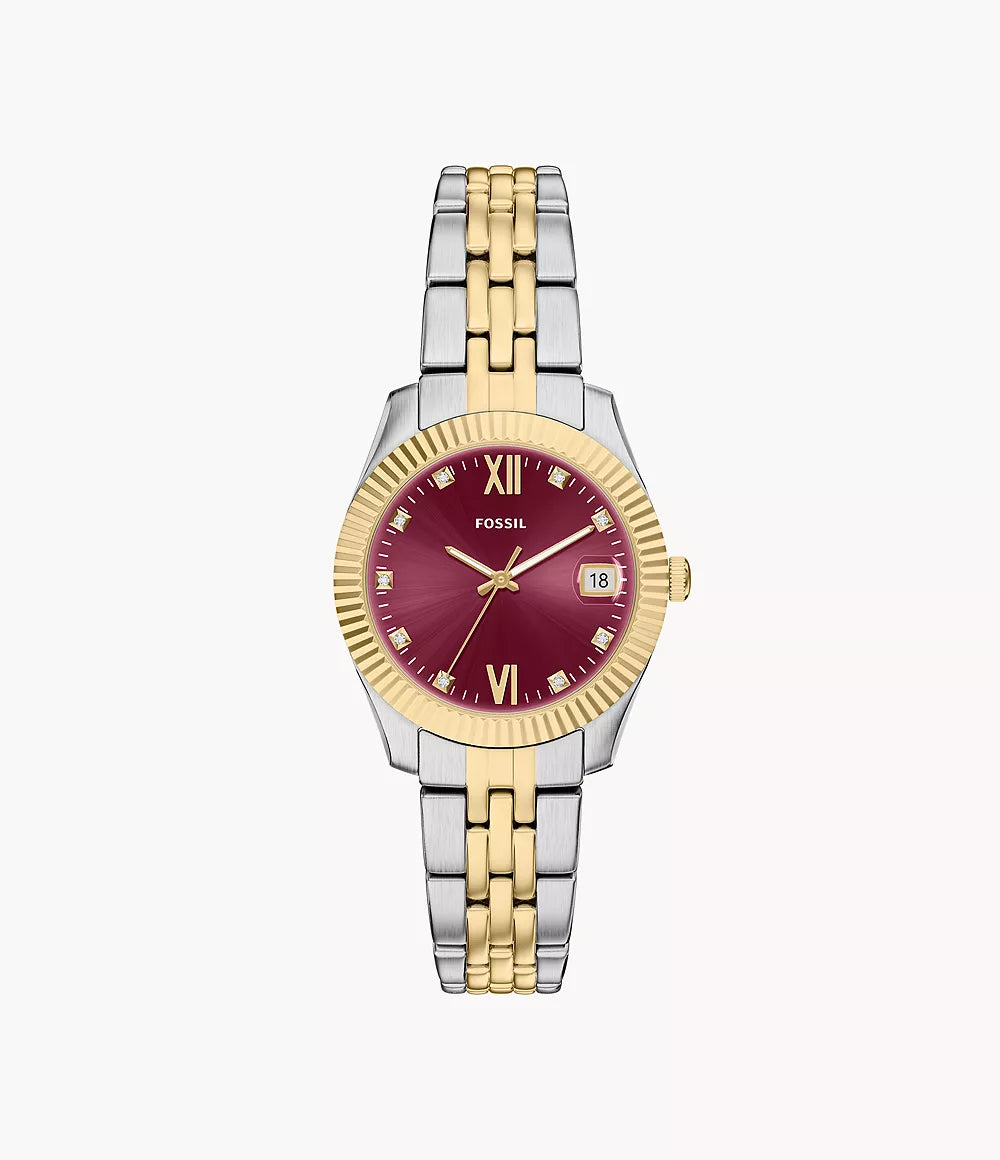 Fossil ur Scarlette 33mm bordeaux kvartsstål PVD finish gul guld ES5461