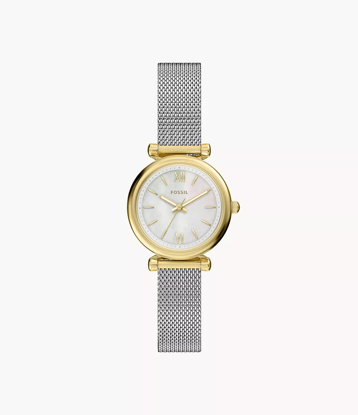 Zegarek Fossil Carlie Mini Mini 28mm masa perłowa, stal kwarcowa, wykończenie PVD, żółte złoto ES5463