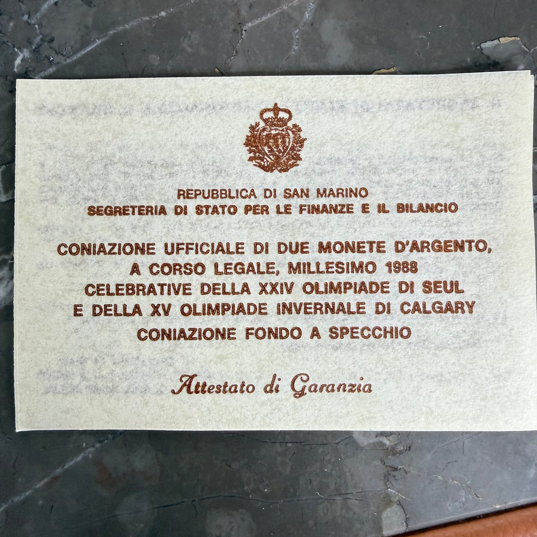 Moedas de prata República de San Marino XV Jogos Olímpicos de Inverno de Calgary e XXIV Jogos Olímpicos de Seul 1988