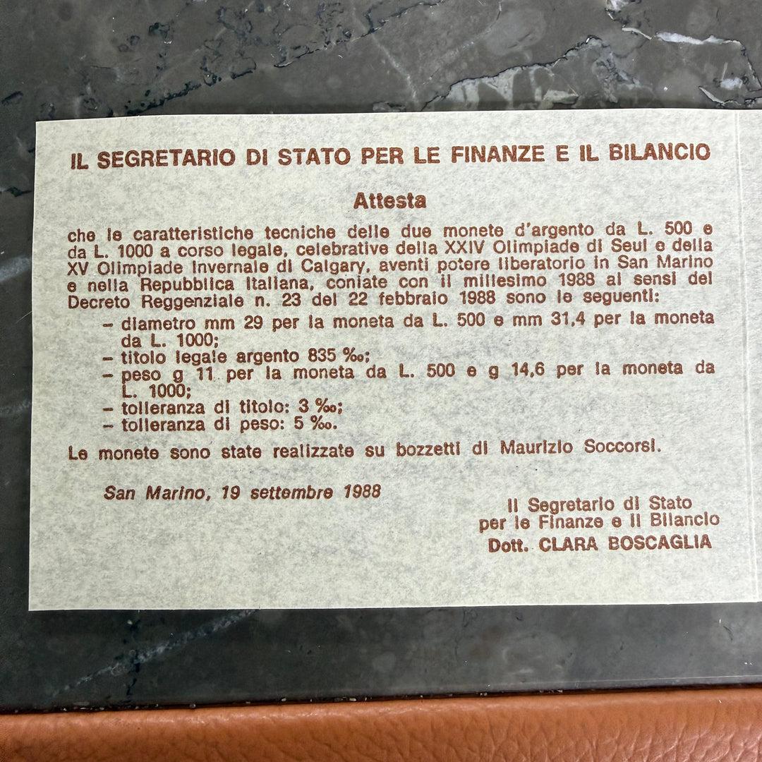 Moedas de prata República de San Marino XV Jogos Olímpicos de Inverno de Calgary e XXIV Jogos Olímpicos de Seul 1988