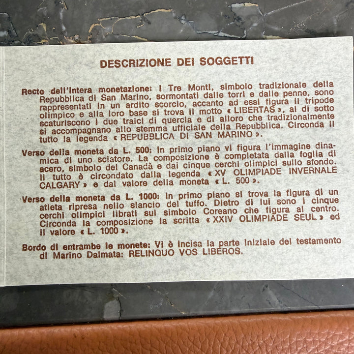 Moedas de prata República de San Marino XV Jogos Olímpicos de Inverno de Calgary e XXIV Jogos Olímpicos de Seul 1988