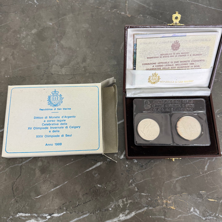 Moedas de prata República de San Marino XV Jogos Olímpicos de Inverno de Calgary e XXIV Jogos Olímpicos de Seul 1988