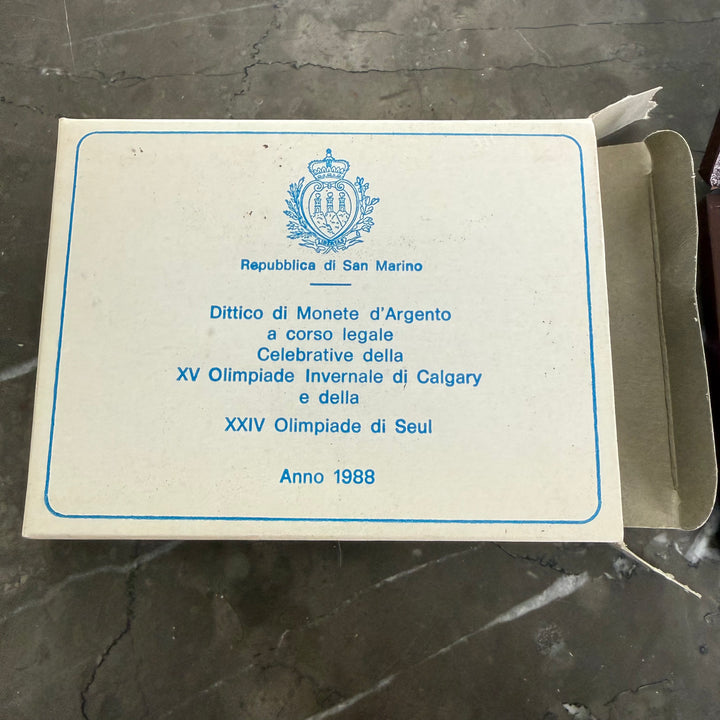 Moedas de prata República de San Marino XV Jogos Olímpicos de Inverno de Calgary e XXIV Jogos Olímpicos de Seul 1988