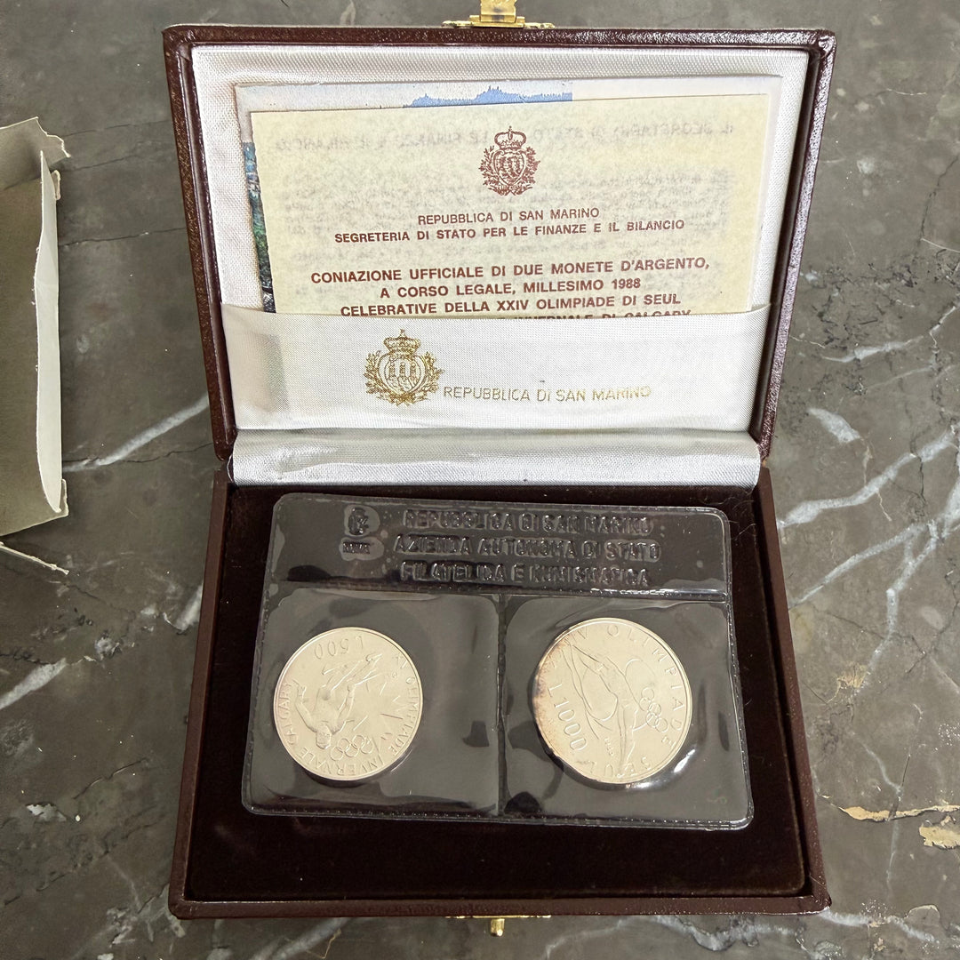 Moedas de prata República de San Marino XV Jogos Olímpicos de Inverno de Calgary e XXIV Jogos Olímpicos de Seul 1988