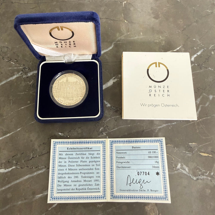 Moneta in argento 100 scellini austriaci 200° morte Wolfgang Amadeus Mozart 1991