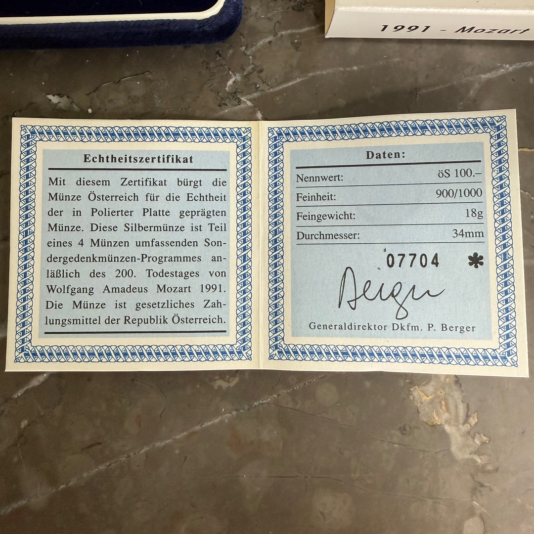 Moneta in argento 100 scellini austriaci 200° morte Wolfgang Amadeus Mozart 1991