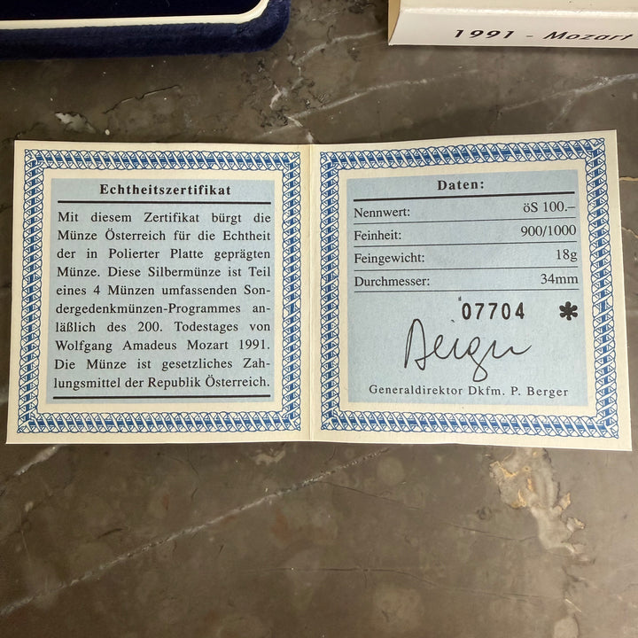Moneta in argento 100 scellini austriaci 200° morte Wolfgang Amadeus Mozart 1991