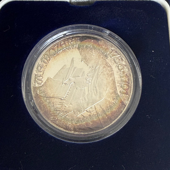 Moneta in argento 100 scellini austriaci 200° morte Wolfgang Amadeus Mozart 1991