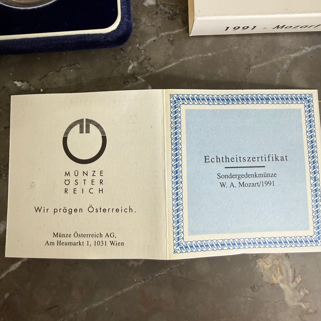 Moneta in argento 100 scellini austriaci 200° morte Wolfgang Amadeus Mozart 1991