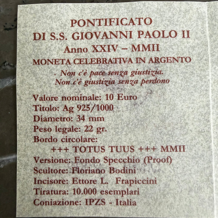 Sølvmønt 10€ Pontificate of His Holiness John Paul II år XXIV 2002