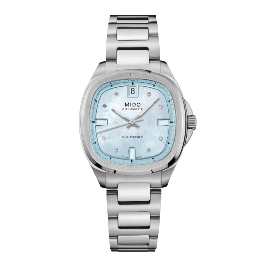 Montre Mido Multifort TV 35 34x35mm nacre bleue diamants automatique acier M049.307.11.136.00