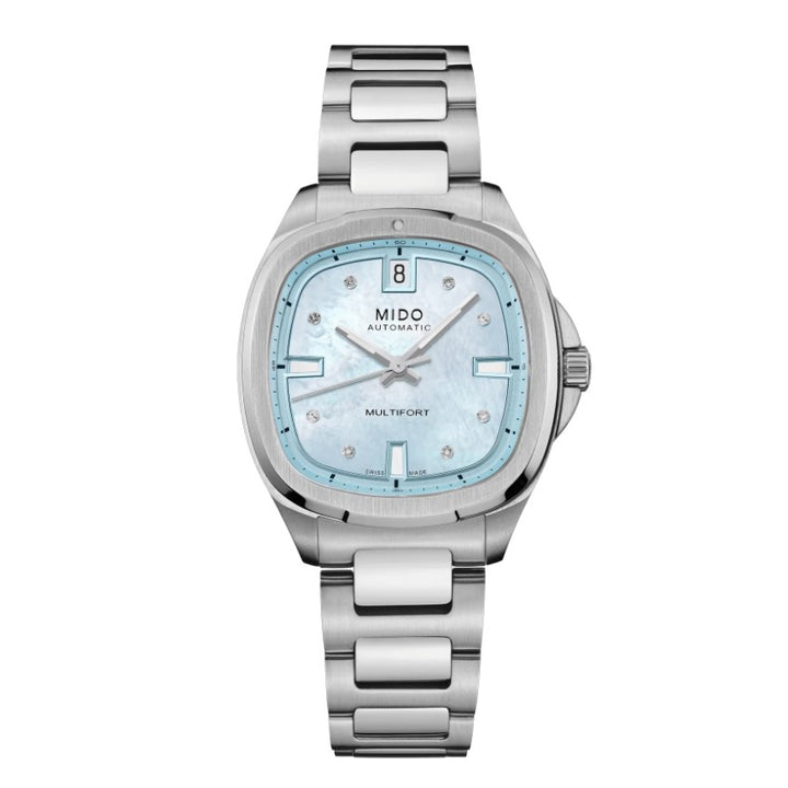 Montre Mido Multifort TV 35 34x35mm nacre bleue diamants automatique acier M049.307.11.136.00