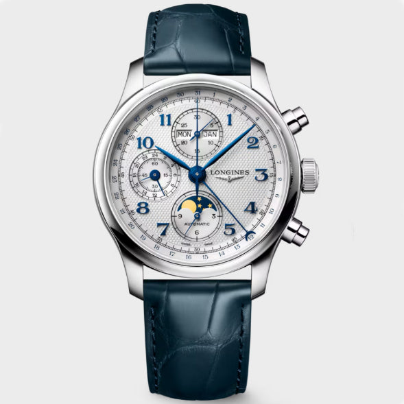 Zegarek Longines Master Collection Chrono Moonphase 41 mm srebrny automatyczny stal L2.962.4.73.2