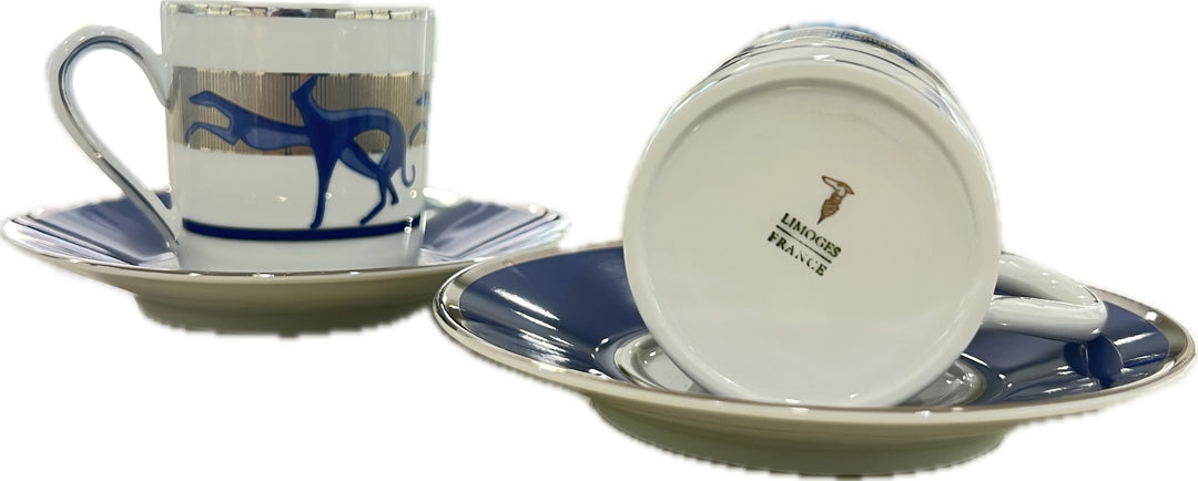Conjunto Trussardi de 2 xícaras de café com açucareiro em porcelana de Limoges, acabamento platina LEVRIERI_BLU