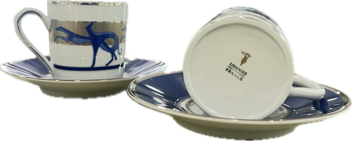 Conjunto Trussardi de 2 xícaras de café com açucareiro em porcelana de Limoges, acabamento platina LEVRIERI_BLU