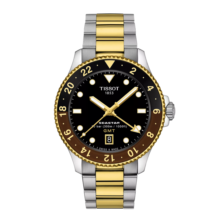 Tissot ur Seastar 1000 GMT 40mm sort kvartsstål PVD gul guld finish T120.852.22.051.00