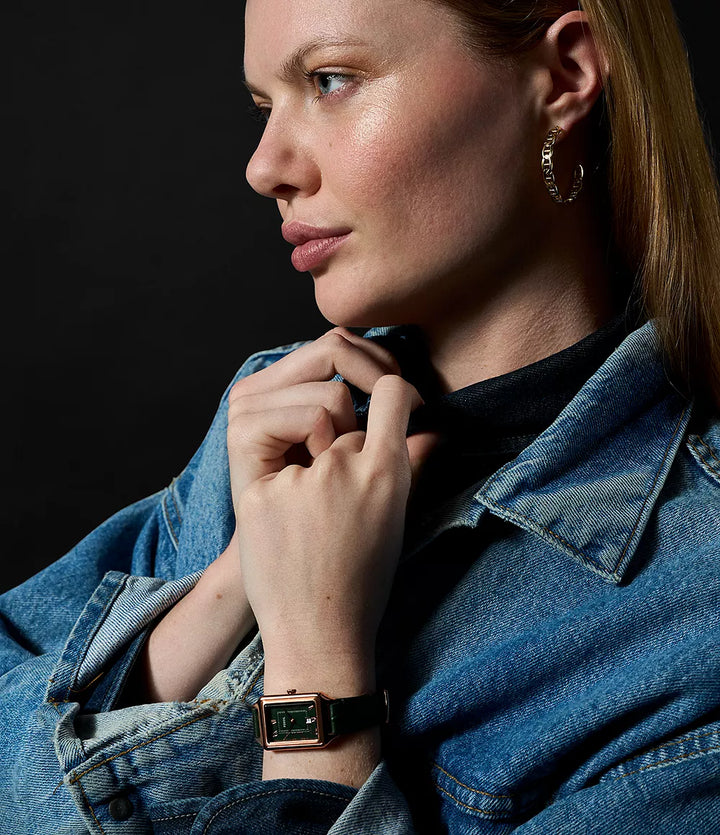 Zegarek Fossil Raquel 23mm zielona kwarcowa stal, wykończenie PVD w kolorze różowego złota ES5366