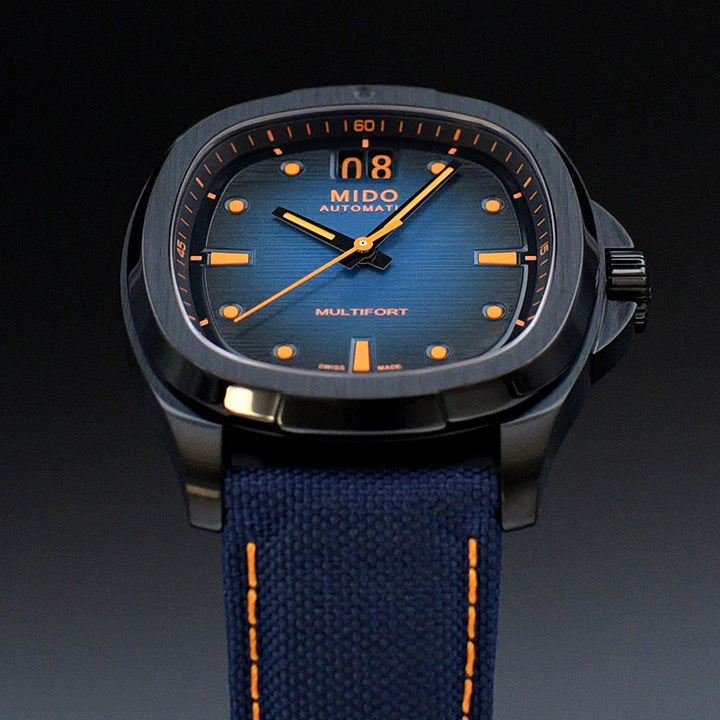 Mido ur Multifort TV Big Date 39x40mm blå automatisk stål sort PVD finish M049.526.37.041.00