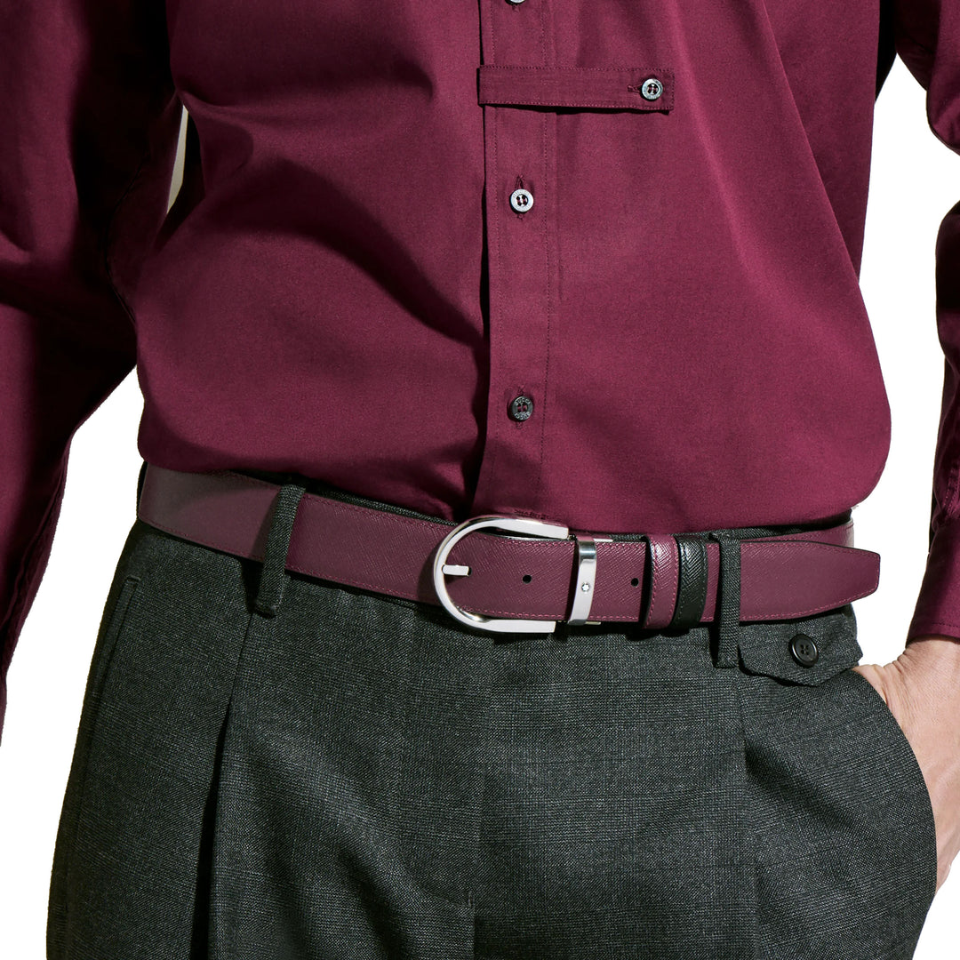 Montblanc vändbart bälte 35 mm svart/cassis läder med hästskospänne 199638
