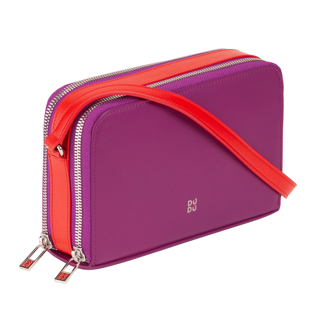 Bolsa de ombro pequena feminina DUDU em couro com zíper duplo e carteira multibolsos