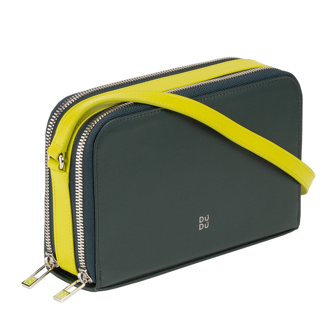 Bolsa de ombro pequena feminina DUDU em couro com zíper duplo e carteira multibolsos