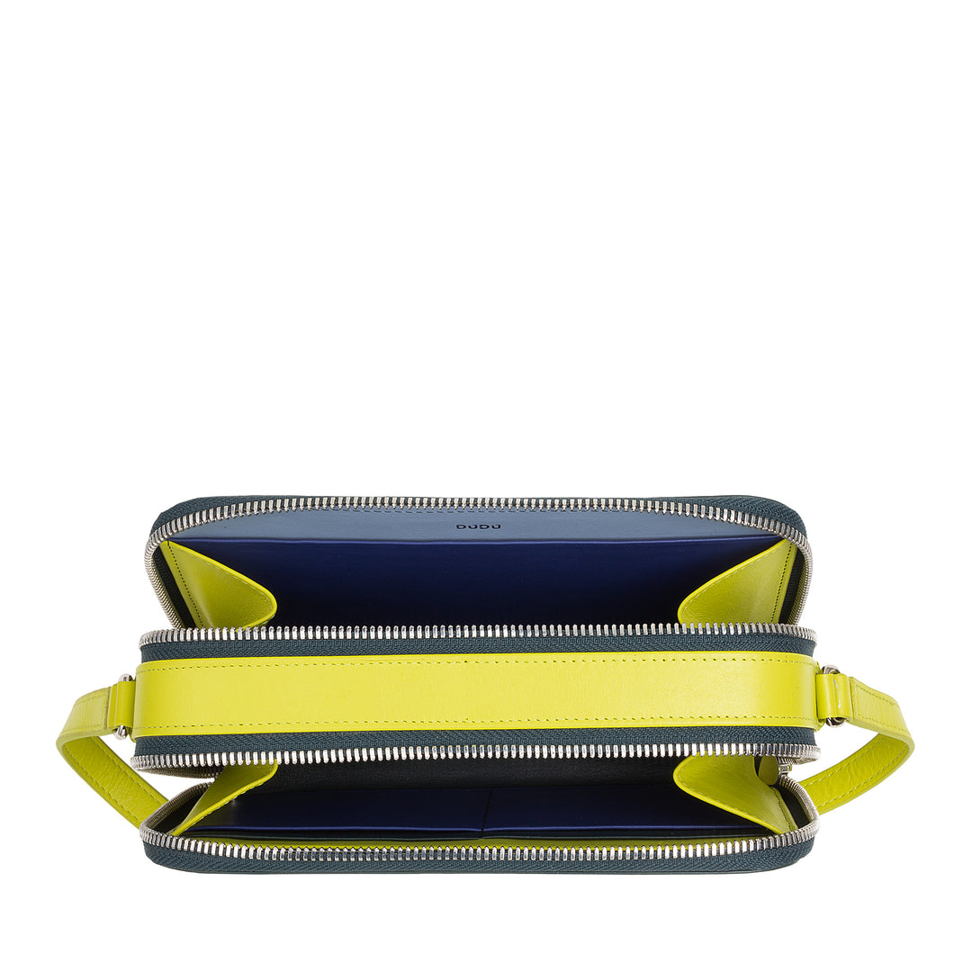 Bolsa de ombro pequena feminina DUDU em couro com zíper duplo e carteira multibolsos