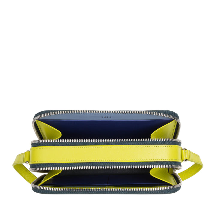 Bolsa de ombro pequena feminina DUDU em couro com zíper duplo e carteira multibolsos