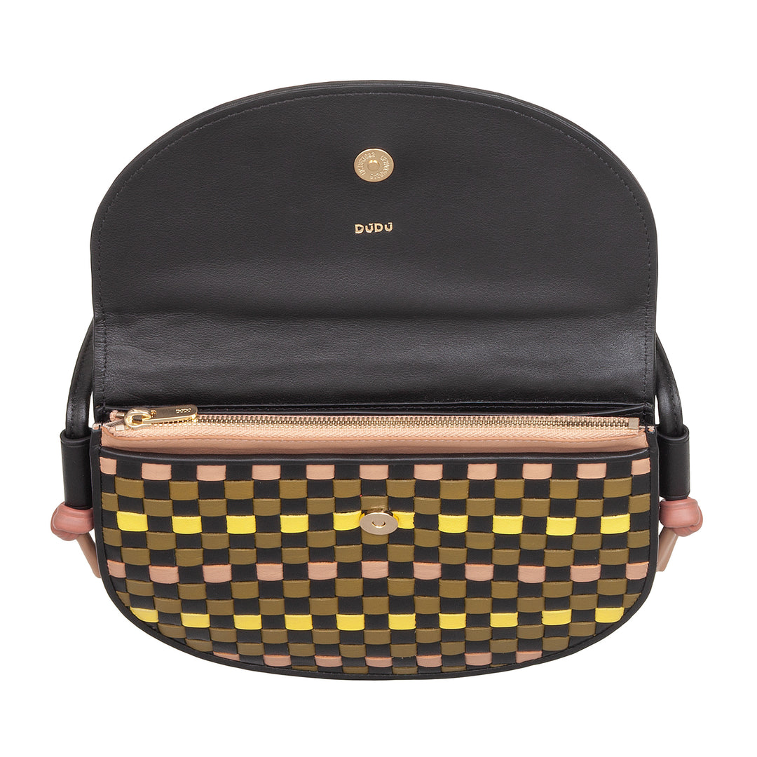 DUDU Bolso Bandolera Pequeño Tejido en Piel Auténtica con Solapa - Elegante Bolso Bandolera Mujer Artesanal, Bolso Bandolera Versátil para Uso Diario y Eventos