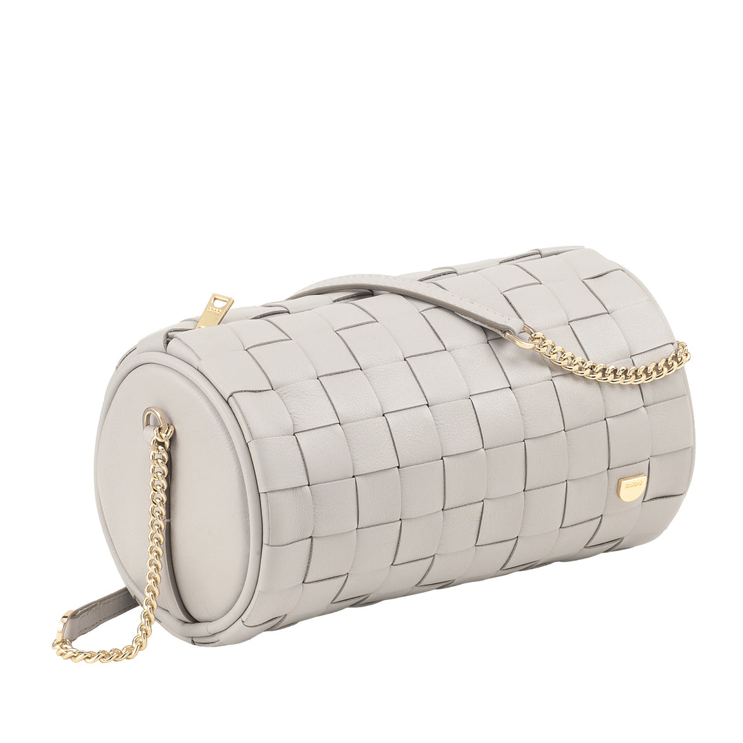 Damska torba cylindryczna DUDU z prawdziwej tkanej skóry z łańcuszkowym paskiem na ramię, elegancka - rzemieślniczy projekt, luksusowa cylindryczna torba na ramię na co dzień i na specjalne okazje