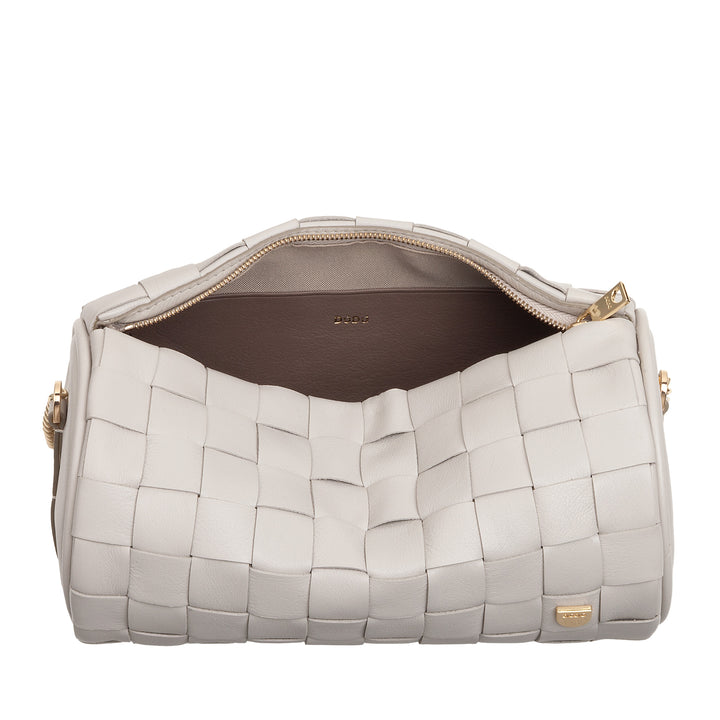 Damska torba cylindryczna DUDU z prawdziwej tkanej skóry z łańcuszkowym paskiem na ramię, elegancka - rzemieślniczy projekt, luksusowa cylindryczna torba na ramię na co dzień i na specjalne okazje