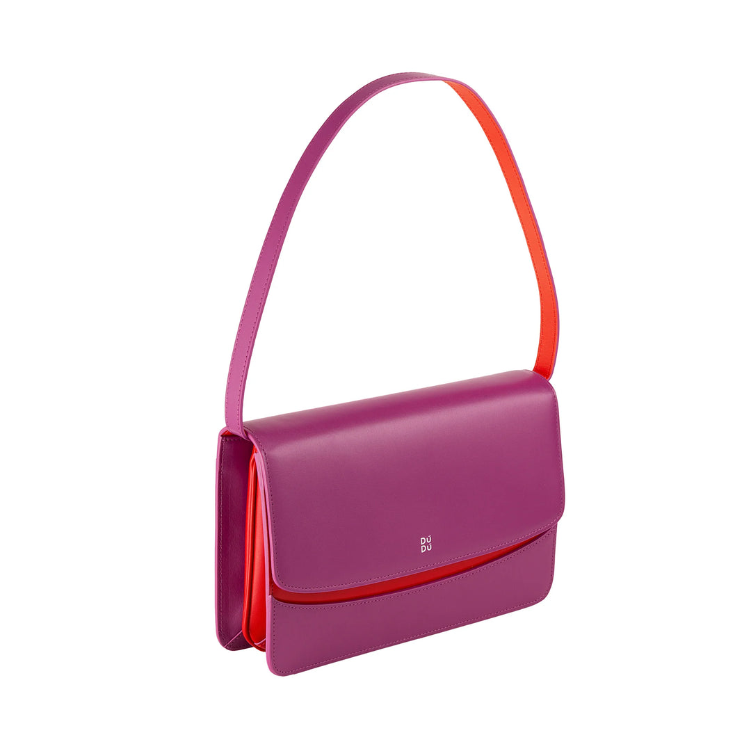 Bolsa de ombro feminina de couro DUDU fabricada na Itália, design grande e elegante e rígido com aba, 3 compartimentos