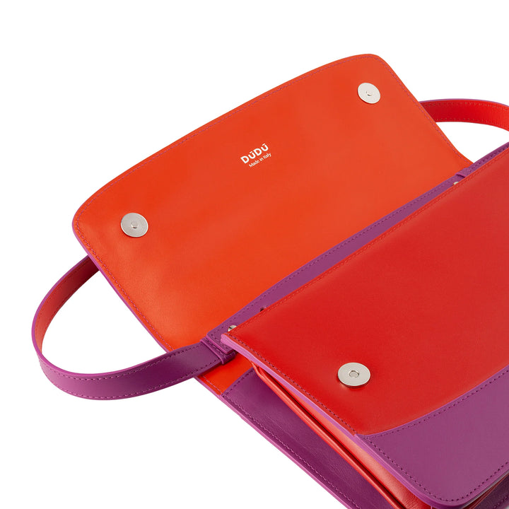 Bolsa de ombro feminina de couro DUDU fabricada na Itália, design grande e elegante e rígido com aba, 3 compartimentos