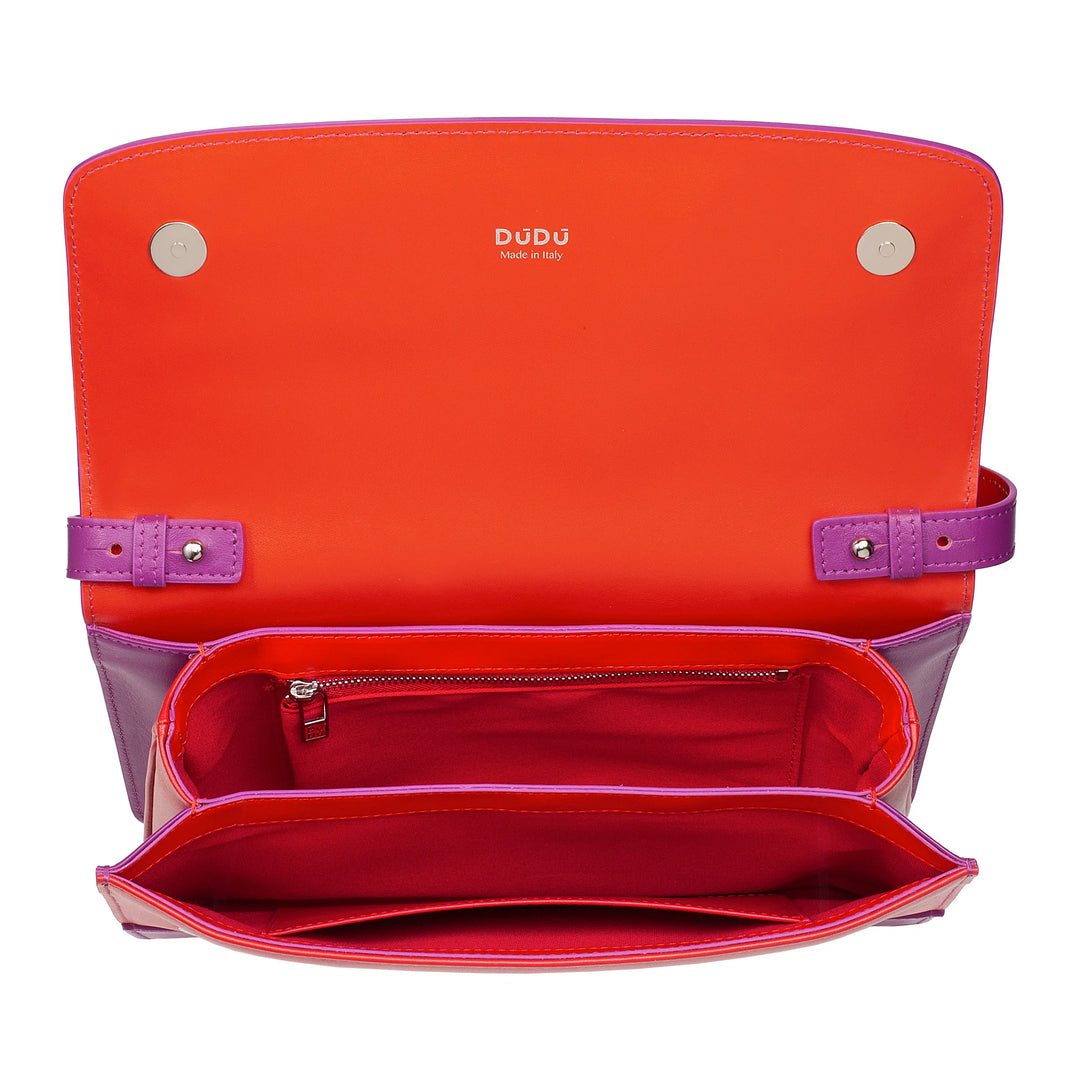 Bolsa de ombro feminina de couro DUDU fabricada na Itália, design grande e elegante e rígido com aba, 3 compartimentos