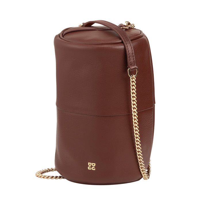 Bolsa feminina cilíndrica de couro DUDU, bolsa de ombro com corrente e couro, bolsa cilíndrica pequena e elegante com zíper