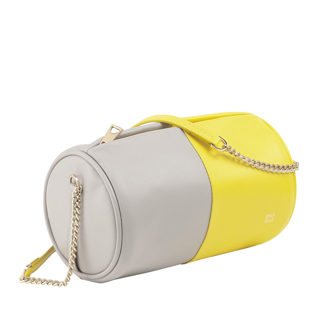 Bolsa feminina cilíndrica de couro DUDU, bolsa de ombro com corrente e couro, bolsa cilíndrica pequena e elegante com zíper