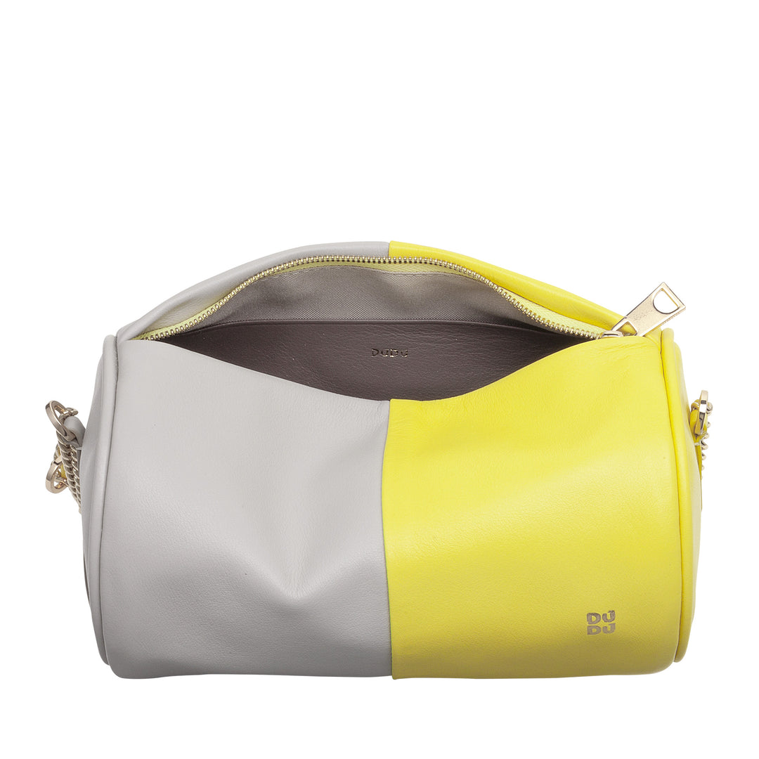 Bolsa feminina cilíndrica de couro DUDU, bolsa de ombro com corrente e couro, bolsa cilíndrica pequena e elegante com zíper