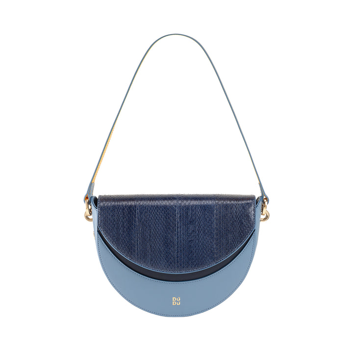 Bolsa de ombro feminina DUDU em couro genuíno, crescente rígido, fabricada na Itália, bolsa com aba e alça dupla, fecho magnético